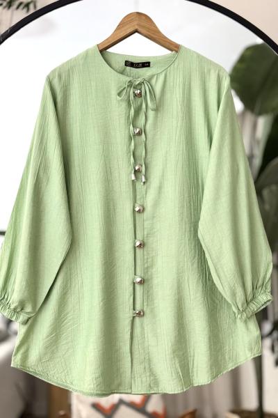 Bisiklet yaka bağcıklı metal Düğmeli tunik Yeşil  TCN4095