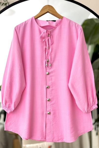 Bisiklet yaka bağcıklı metal Düğmeli tunik  Pembe TCN4095