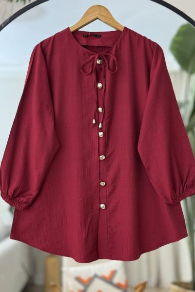 Bisiklet yaka bağcıklı metal Düğmeli tunik  Bordo TCN4095