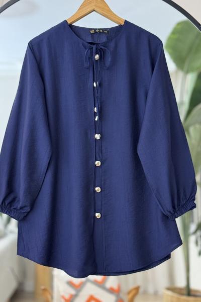 Bisiklet yaka bağcıklı metal Düğmeli tunik   lacivert TCN4095