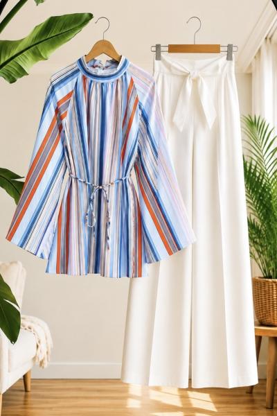 Bol kol pinterest desenli  çizgili salaş tunik  Mavi YR9589