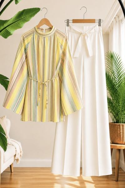 Bol kol pinterest desenli  çizgili salaş tunik  sarı YR9589
