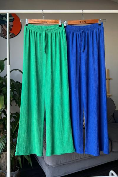 bol paça bürümcük kumaş pantolon saks tcn4046