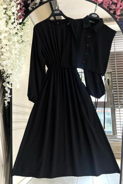 Bolerolu Yandan Bağlamalı  düğmeli elbise Takım siyah UMS 50255