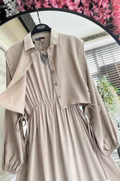 Bolerolu Yandan Bağlamalı  düğmeli elbise Takım Bej UMS50255