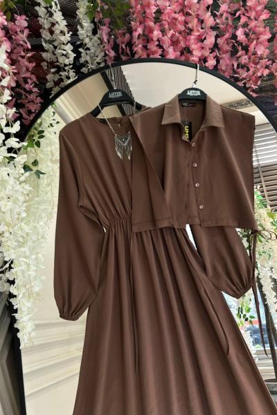 Bolerolu Yandan Bağlamalı  düğmeli elbise Takım Kahve UMS50255