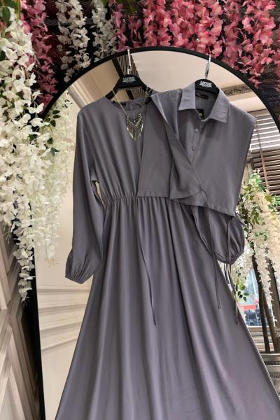 Bolerolu Yandan Bağlamalı  düğmeli elbise Takım Gri  UMS50255