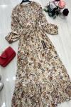 Boydan Astarlı Şifon Çiçek  Desen Elbise Bej UMS 631