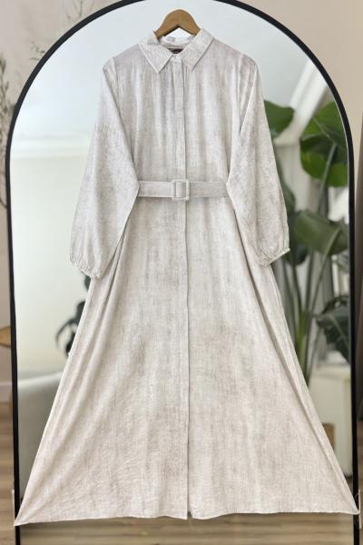 Boydan Düğmeli kemerli Elbise Ekru UMS50243