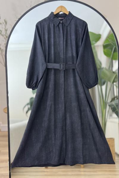 Boydan Düğmeli kemerli Elbise  Siyah UMS50243