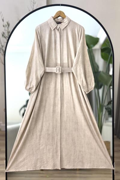 Boydan Düğmeli kemerli Elbise  Bej UMS50243
