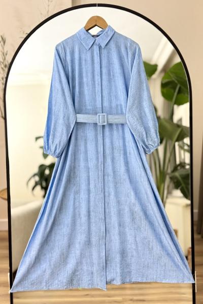 Boydan Düğmeli kemerli Elbise mavi  UMS50243