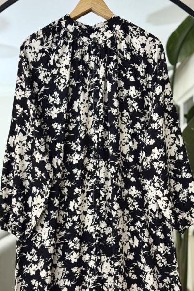 Boydan düğmeli kemerli Tesettür Elbise Siyah UMS50270