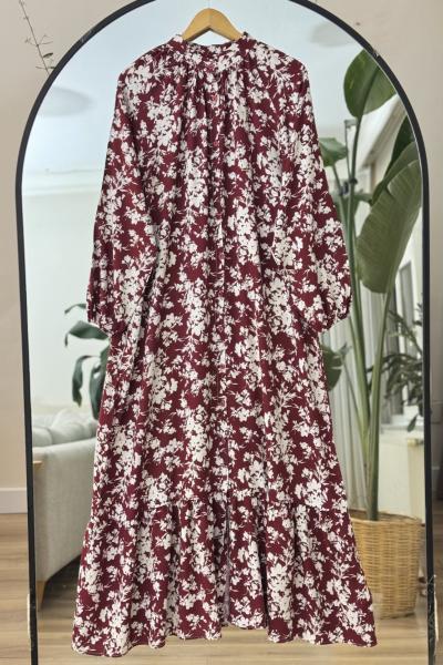 Boydan düğmeli kemerli Tesettür Elbise Bordo UMS50270