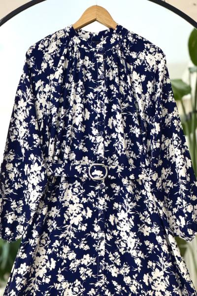 Boydan düğmeli kemerli Tesettür Elbise Lacivert UMS50270