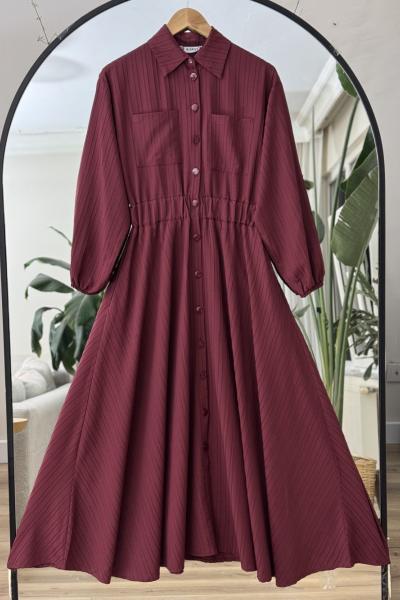 Boydan düğmeli cepli Kiloş Tesettür Elbise Bordo KR8018