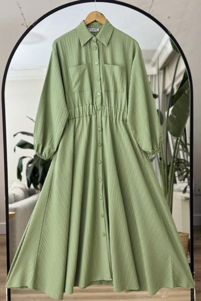 Boydan düğmeli cepli Kiloş Tesettür Elbise Yeşil KR8018