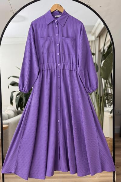 Boydan düğmeli cepli Kiloş Tesettür Elbise Mor KR8018