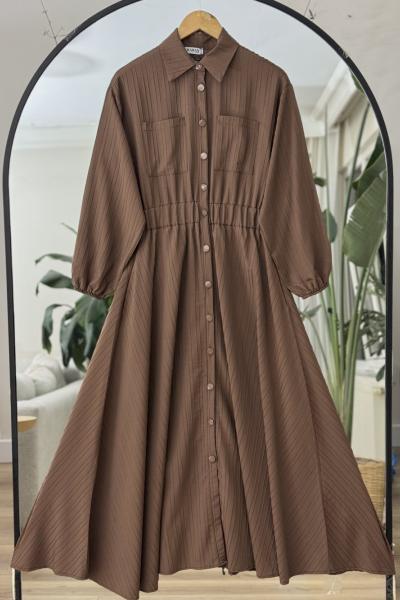 Boydan düğmeli cepli Kiloş Tesettür Elbise Kahve KR8018