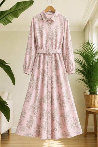 Boydan düğmeli kemerli Tamboy elbise Pembe UMS50355