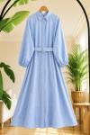Boydan Düğmeli kemerli Elbise mavi  UMS50243