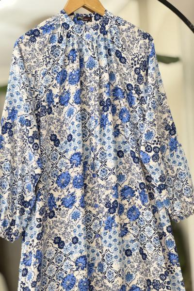 Boydon Düğmeli Kemerli Tesettür Elbise mavi UMS50269