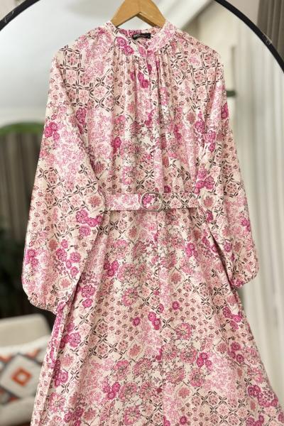 Boydon Düğmeli Kemerli Tesettür Elbise Pembe UMS50269