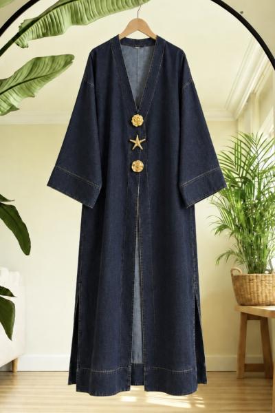 Broş düğmeli Uzun Kot kimono Koyu lacivert HT2050