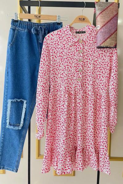 Bürümçük kumaş papatya desen tunik kırmızı TCN1566
