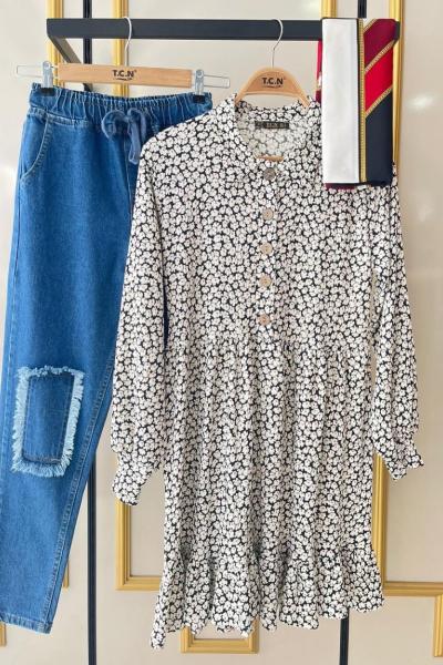 Bürümçük kumaş papatya desen tunik Siyah TCN1566