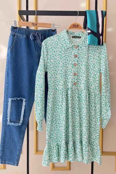 Bürümçük kumaş papatya desen tunik Mint  TCN1566