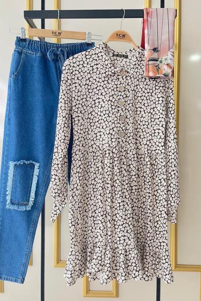 Bürümçük kumaş papatya desen tunik Kahve  TCN1566
