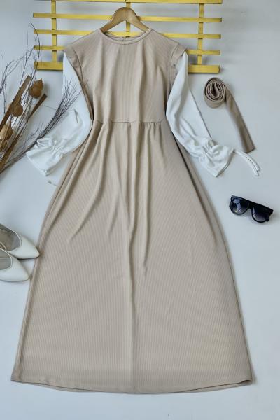 Bürümçük robalı elbise Bej HBS30146