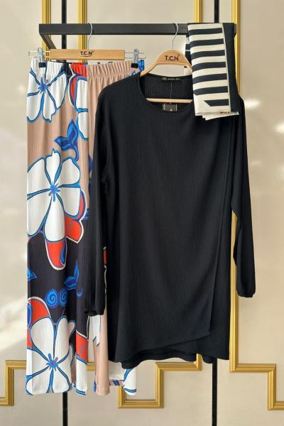 Bürümcük kumaş  desenli takım siyah TCN4038