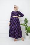 Büyük Çiçek Desen Hasır Kemerli Elbise Mor  HBS1117