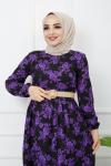 Büyük Çiçek Desen Hasır Kemerli Elbise Mor  HBS1117