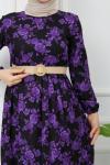 Büyük Çiçek Desen Hasır Kemerli Elbise Mor  HBS1117