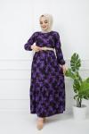 Büyük Çiçek Desen Hasır Kemerli Elbise Mor  HBS1117