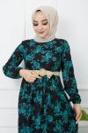 Büyük Çiçek Desen Hasır Kemerli Zümrütyeşili HBS1117