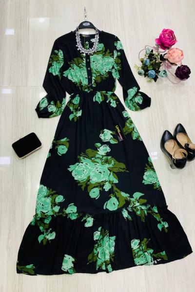 Büyük Güldesenli Viskon Kumaş Elbise Yeşil UMS922