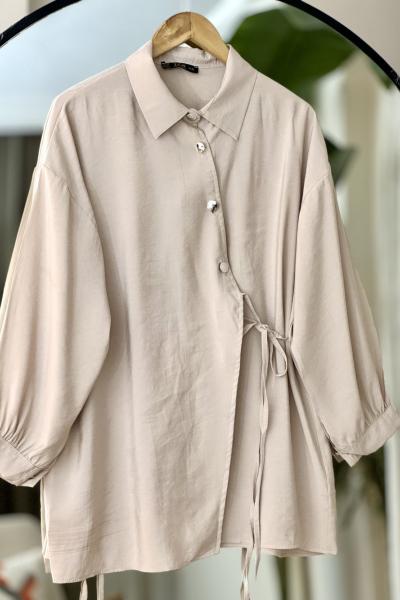 Çapraz düğmeli yanbağcıklı tunik Bej TCN4091