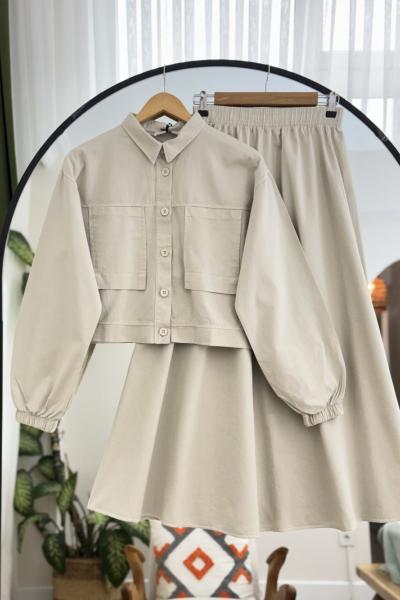 Ceket cepli düğmeli etekli takım  Bej NV4515