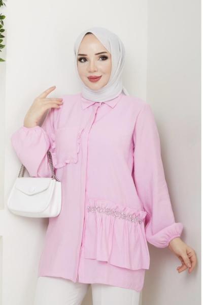 Cep fırfırlı Taş Detaylı Tunik  Pembe NEW6042