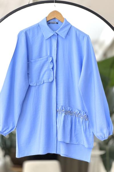 Cep fırfırlı Taş Detaylı Tunik  Mavi NEW6042