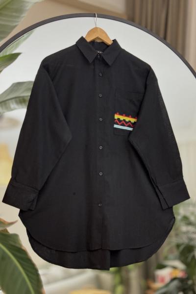 Cep nakış işlemeli Keten gömlek tunik Siyah NEW30277