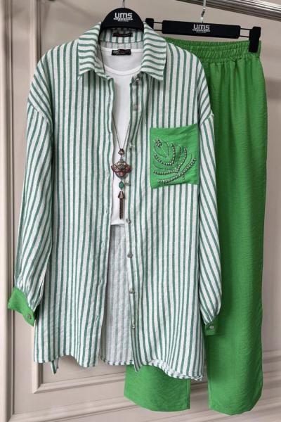 Cep taşlı keten çizgili takım yeşil  UMS5077
