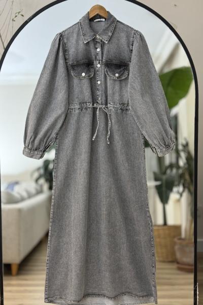 Cepli Bel bağcıklı Kot Elbise Siyah YRN30523