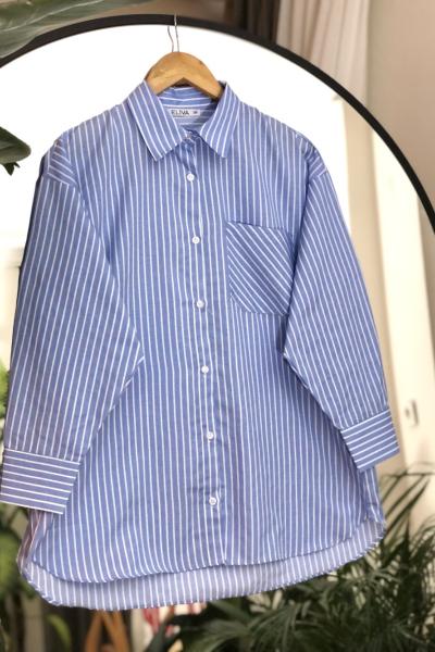 Cepli çizgili Gömlek tunik  Mavi ELV30254