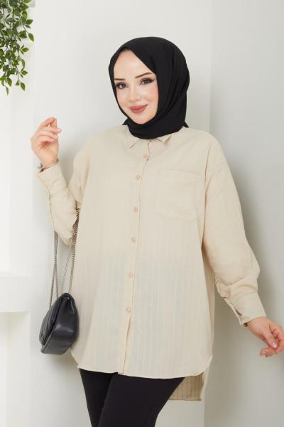 Cepli çizgili Oversize Gömlek  Bej  NEX30308