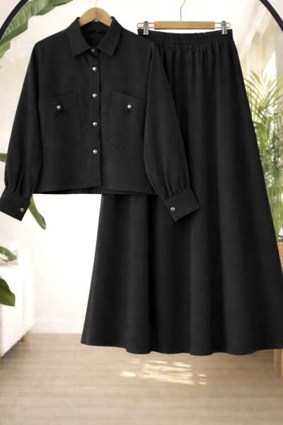 Cepli düğmeli Tensel etekli Takım Siyah TCN40157